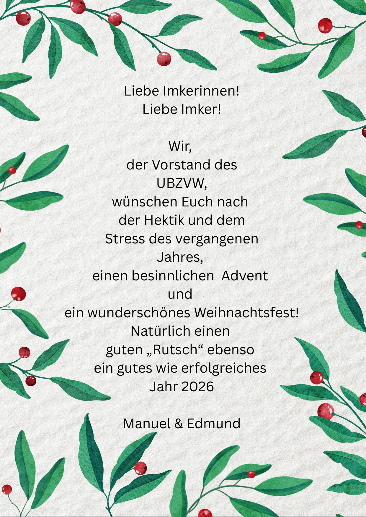 Imkerliche Weihnachtsfeier- und Adventsgrüße